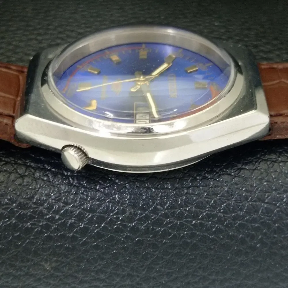 Vintage 1978 Citizen Automatic Mens Silver Watch W/daydate & Blue accents